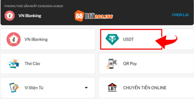 Chọn USDT để nạp tiền 88Bet