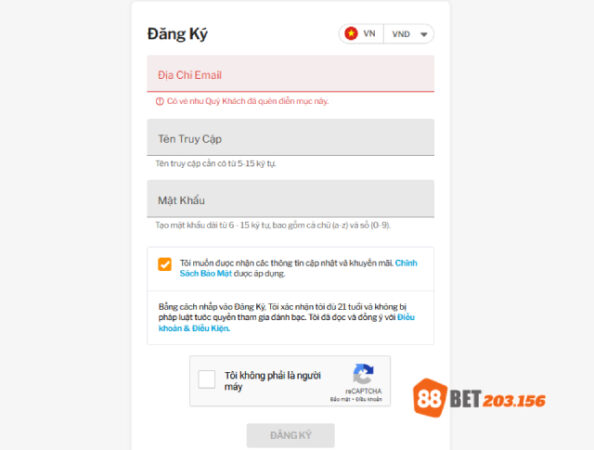 Giao diện đăng ký 88BET