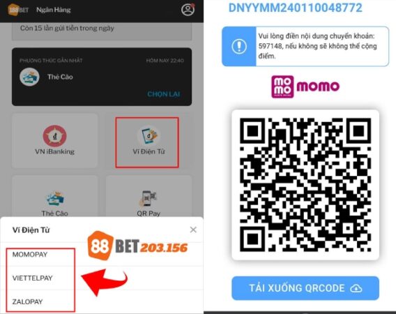 Nạp tiền 88Bet qua ví điện tử tiện lợi